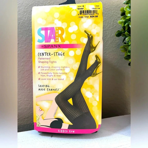 Star Power by SPANX, NEW, Patterned Shaping Tights, Black, Ribbed Row, Size E - Picture 1 of 4